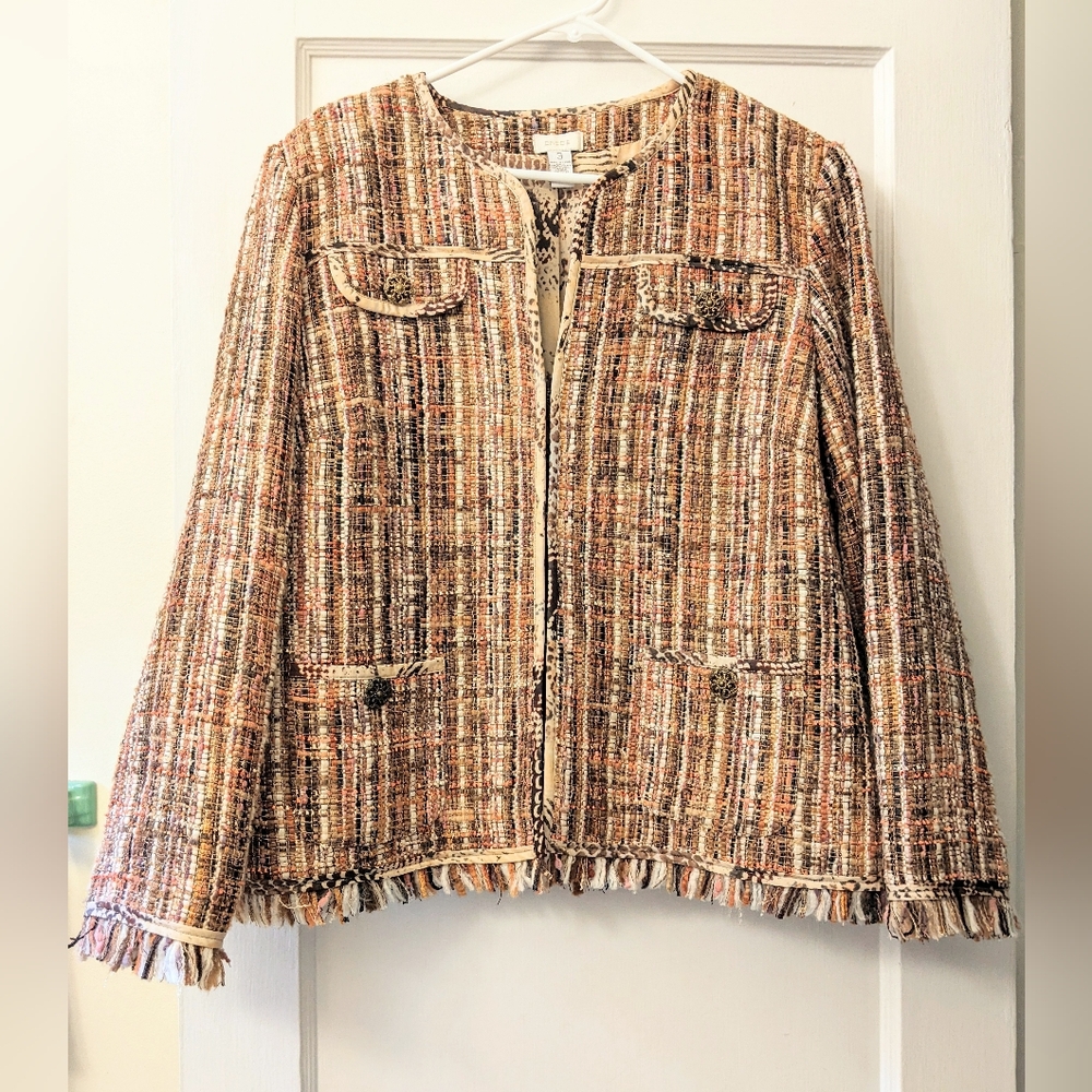 Chicos L-XL Size 3 Jacket nubby woven Tweed Brown Fringe designer style pockets